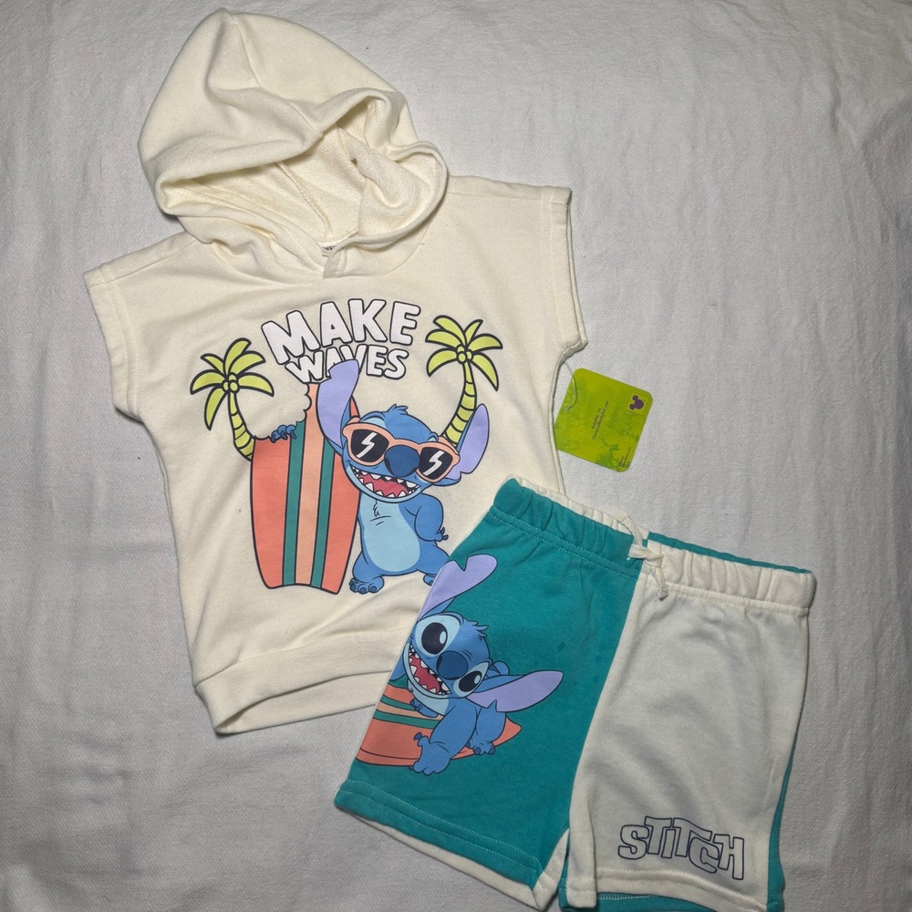 Disney Stitch Kids 2-Piece Set Sleeveless Hoodie and Shorts Cream Teal 3T NEW